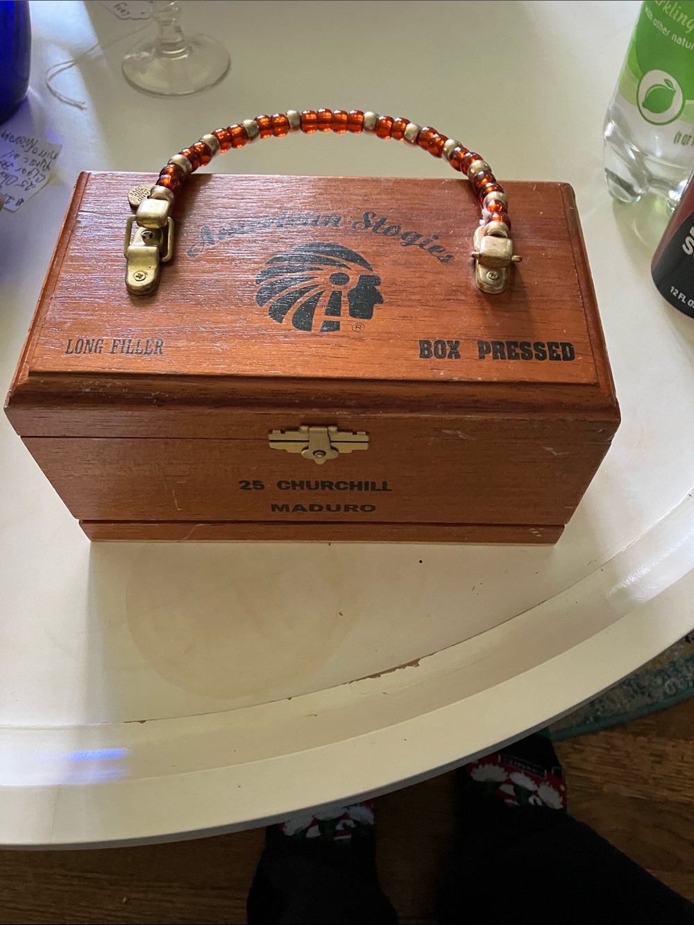 Wooden Box Handle Top Bag - Orange Beaded Accent